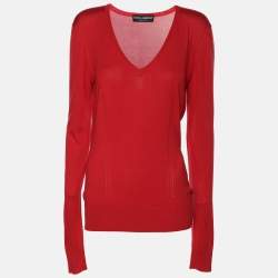 Pre Owned Dolce & Gabbana Red Silk Knit V Neck Full Sleeve Top M