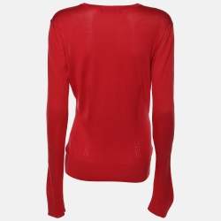 Pre Owned Dolce & Gabbana Red Silk Knit V Neck Full Sleeve Top M