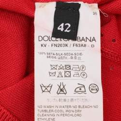 Pre Owned Dolce & Gabbana Red Silk Knit V Neck Full Sleeve Top M