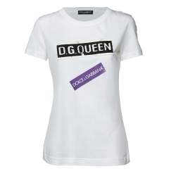 Pre Owned Dolce & Gabbana White Logo Print Cotton Patchwork Detail T-Shirt S