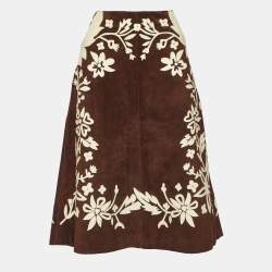 Dolce & Gabbana Brown Floral Applique Suede Midi Skirt M