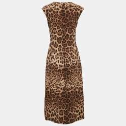 Pre Owned Dolce & Gabbana Brown Leopard Print Wool Midi Dress S