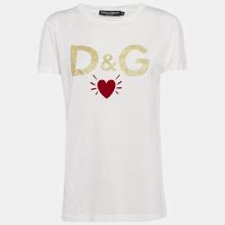 Pre Owned Dolce & Gabbana White Logo Heart Glitter Print Jersey T-Shirt M