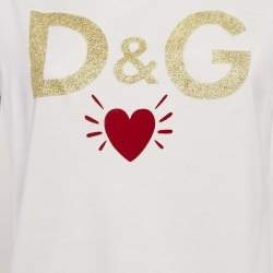 Pre Owned Dolce & Gabbana White Logo Heart Glitter Print Jersey T-Shirt M