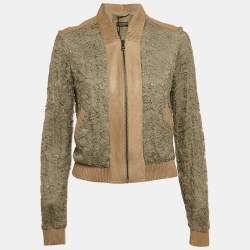 Pre Owned Dolce & Gabbana Green Leather Trim Lace Bomber Jacket S