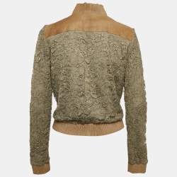 Pre Owned Dolce & Gabbana Green Leather Trim Lace Bomber Jacket S