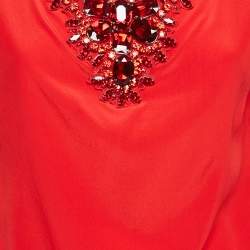 Pre Owned Dolce & Gabbana Red Rhinestone Embellished Silk Top M