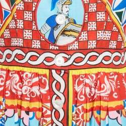 Pre Owned Dolce & Gabbana Red/Blue Carretto Print Poplin Gathered Midi Dress L