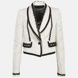 Pre Owned Dolce & Gabbana White Brocade Lace Trim Cropped Blazer L