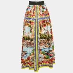 Pre Owned Dolce & Gabbana Multicolor Sicilian Postcard Print Poplin Midi Skirt S
