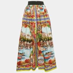 Pre Owned Dolce & Gabbana Multicolor Sicilian Postcard Print Poplin Midi Skirt S