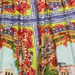 Pre Owned Dolce & Gabbana Multicolor Sicilian Postcard Print Poplin Midi Skirt S