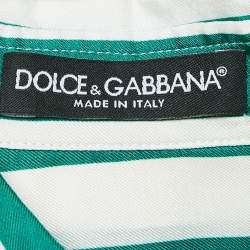 Pre Owned Dolce & Gabbana Green/White Floral Embroidered Stripe Silk Midi Dress S