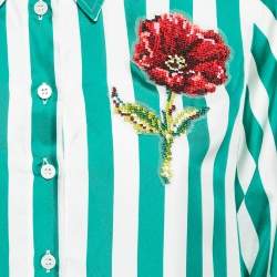Pre Owned Dolce & Gabbana Green/White Floral Embroidered Stripe Silk Midi Dress S