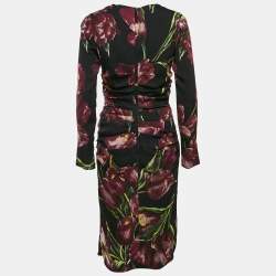 Pre Owned Dolce & Gabbana Black Flowers Print Silk Ruched Midi Dress L