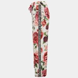 Pre Owned Dolce & Gabbana White Floral Print Crepe Logo Tape Detail Trousers M