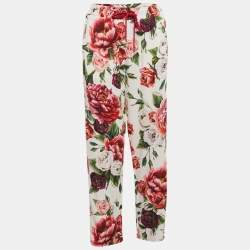 Pre Owned Dolce & Gabbana White Floral Print Crepe Logo Tape Detail Trousers M