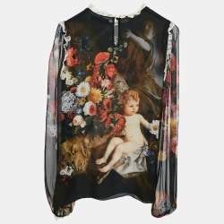 Pre Owned Dolce & Gabbana Black Cherub Print Lace Trimmed Silk Top S