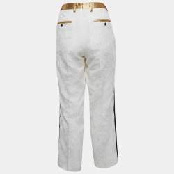 Pre Owned Dolce & Gabbana White Floral Jacquard Contrast Trimmed Trousers M