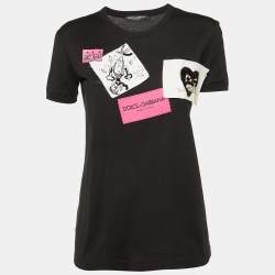 Dolce & Gabbana Black Cotton Patch Detail Crew Neck T-Shirt XS