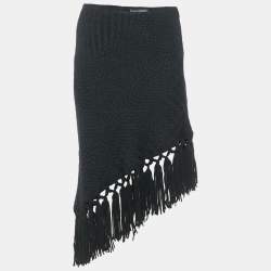 Dolce & Gabbana Black Patterned Wool Fringe Detail Asymmetric Skirt S
