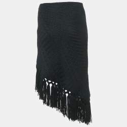 Dolce & Gabbana Black Patterned Wool Fringe Detail Asymmetric Skirt S