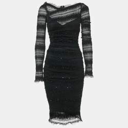 Pre Owned Dolce & Gabbana Black Sequin Tulle Ruched Midi Dress M
