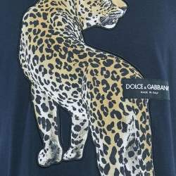 Pre Owned Dolce & Gabbana Navy Blue Leopard Applique Jersey T-Shirt XL