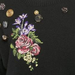 Dolce & Gabbana Black Floral Embroidered Cashmere Button Detail Sweater M