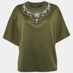 Pre Owned Dolce & Gabbana Olive Green Cotton Stud Embellishment Detail Crew Neck T-Shirt L