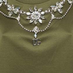 Pre Owned Dolce & Gabbana Olive Green Cotton Stud Embellishment Detail Crew Neck T-Shirt L