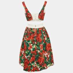 Pre Owned Dolce & Gabbana Multicolor Floral Print Crepe and Cotton Bustier Top and Midi Skirt Set M