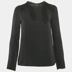 Pre Owned Dolce & Gabbana Black Lace Trim Stretch Silk Long Sleeve Top S