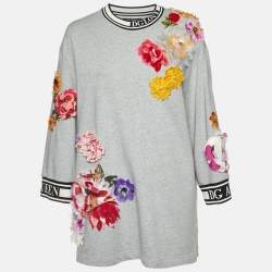 Pre Owned Dolce & Gabbana Grey Cotton Floral Appliqued Crew Neck Sweatshirt M