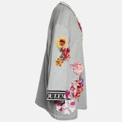 Pre Owned Dolce & Gabbana Grey Cotton Floral Appliqued Crew Neck Sweatshirt M