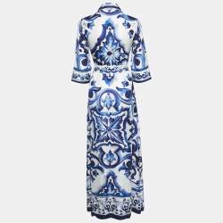 Pre Owned Dolce & Gabbana White/Blue Majolica Print Silk Shirt Dress XS