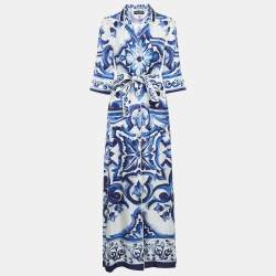 Pre Owned Dolce & Gabbana White/Blue Majolica Print Silk Shirt Dress XS