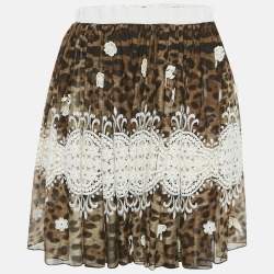 Dolce & Gabbana Brown Leopard Print Lace Trim Silk Mini Skirt S