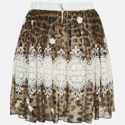 Dolce & Gabbana Brown Leopard Print Lace Trim Silk Mini Skirt S