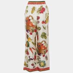 Pre Owned Dolce & Gabbana White Vegetable Print Satin Wide-Leg Pants S