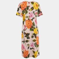 Pre Owned Dolce & Gabbana Pink/Multicolor Floral Print Crepe Button Detail Midi Dress M