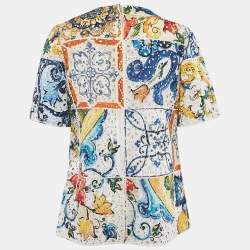 Dolce & Gabbana Multicolor Printed Anglaise Broderie Round Neck Top M