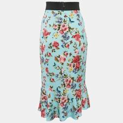 Dolce & Gabbana Blue Floral Print Silk Flounce Midi Skirt L