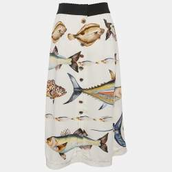Dolce & Gabbana Off White Fish Print Crepe Midi Skirt S