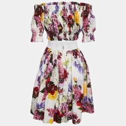 Dolce & Gabbana White Floral Print Cotton Off-The-Shoulder Top and Skirt Set S