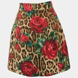 Dolce & Gabbana Brown Rose and Leopard Print Jacquard Mini Skirt S