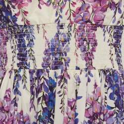 Pre Owned Dolce & Gabbana Floral Print Cotton Tie-Up Shoulder Detail Smocked Short Dress L