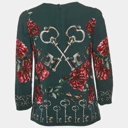 Pre Owned Dolce & Gabbana Green Key & Floral Print Crepe Top S