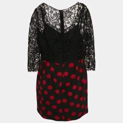 Pre Owned Dolce & Gabbana Black Lace and Polka Dot Print Silk Mini Dress M