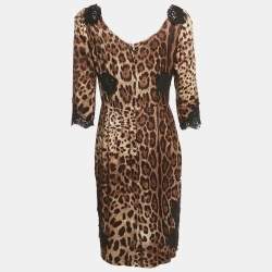 مملوكة مسبقًا Dolce & Gabbana Brown Leopard Print Lace Trim Satin Mini Dress L